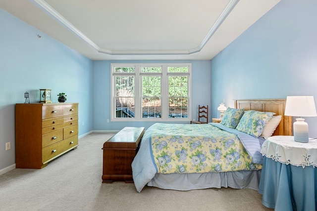 bedroom with a raised ceiling and light carpet