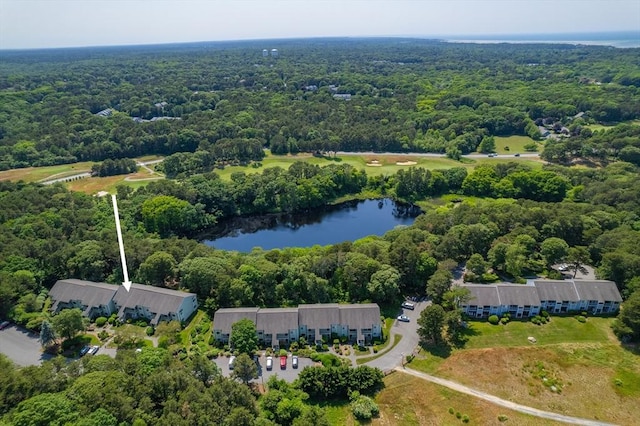 53 Chilton Ln Unit 53, Brewster, MA 02631 - birds eye view of property featuring a wooded view and a water view