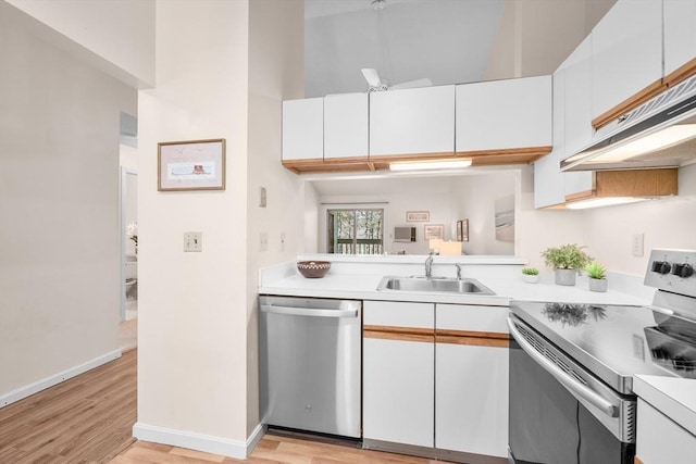 53 Chilton Ln Unit 53, Brewster, MA 02631 - kitchen featuring under cabinet range hood, light countertops, a sink, light wood-type flooring, and appliances with stainless steel finishes