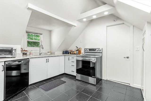 kitchen with electric range, dishwasher, a sink, lofted ceiling, and white cabinetry