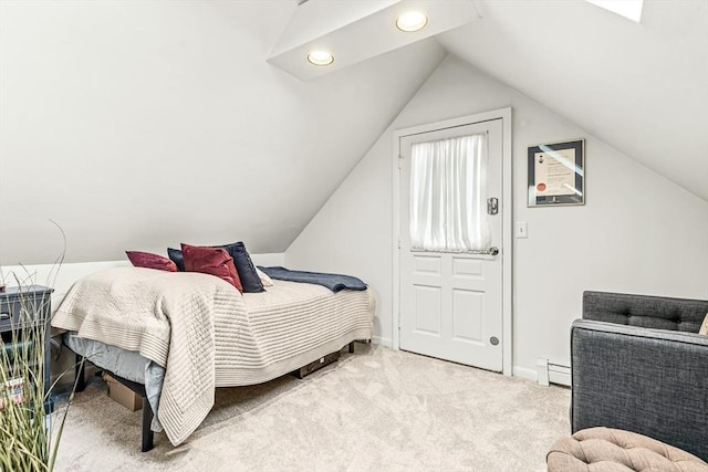 carpeted bedroom featuring lofted ceiling, baseboards, a baseboard radiator, and recessed lighting