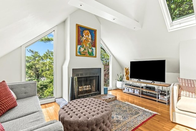 living area with lofted ceiling, a skylight, wood finished floors, and a fireplace with raised hearth