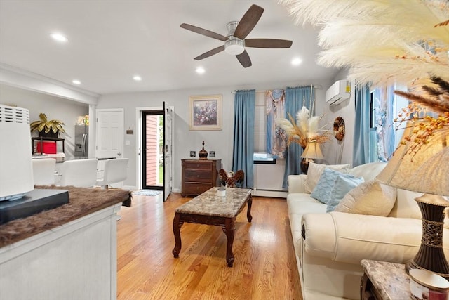 99 Lincoln St, Stoughton, MA 02072 - living area featuring a wall mounted AC, light wood-style flooring, recessed lighting, a ceiling fan, and baseboard heating