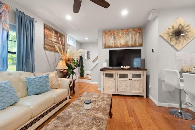 99 Lincoln St, Stoughton, MA 02072 - living area featuring light wood-style floors, baseboards, a ceiling fan, plenty of natural light, and recessed lighting