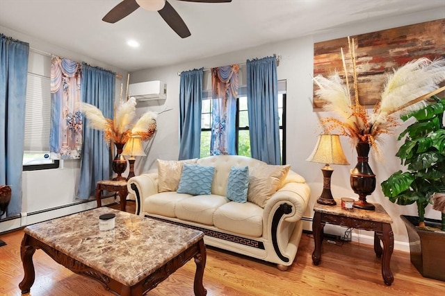 99 Lincoln St, Stoughton, MA 02072 - living room featuring a wall mounted AC, ceiling fan, wood finished floors, and recessed lighting