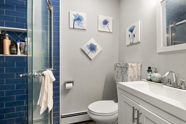 99 Lincoln St, Stoughton, MA 02072 - bathroom featuring baseboard heating, a stall shower, toilet, and vanity