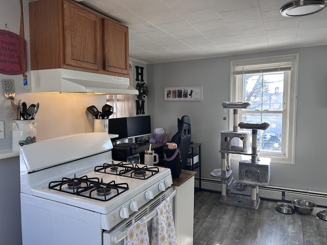 kitchen featuring dark hardwood / wood-style floors, white gas stove, and exhaust hood