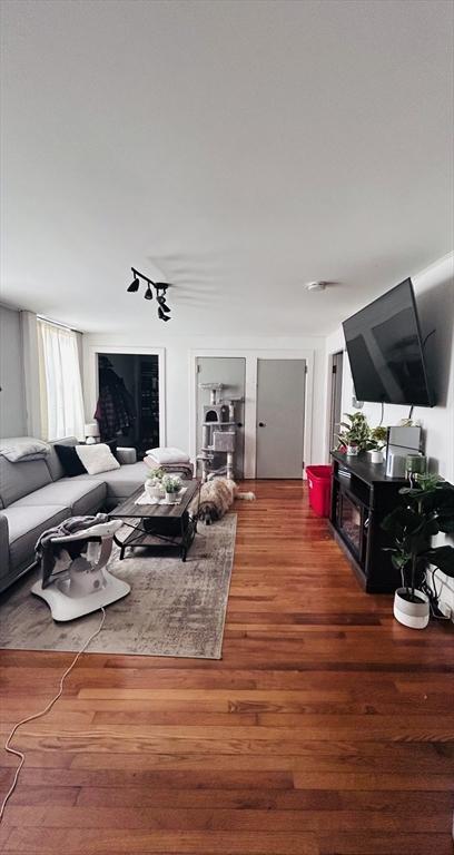 living room with hardwood / wood-style flooring and track lighting