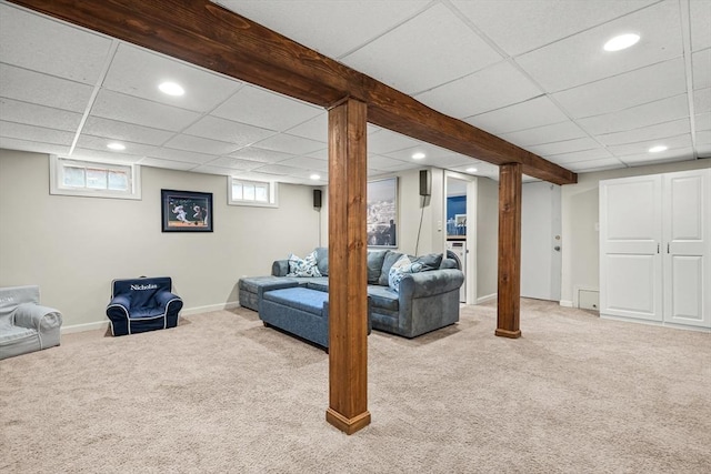 21 Forest St, Wilmington, MA 01887 - living area featuring recessed lighting, carpet, a paneled ceiling, and baseboards