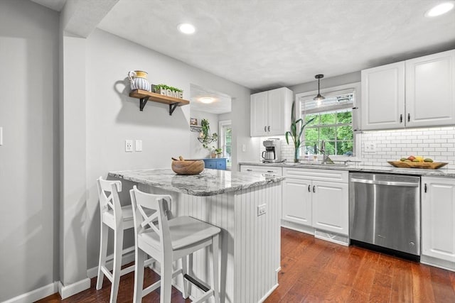 21 Forest St, Wilmington, MA 01887 - kitchen with dishwasher, a sink, open shelves, dark wood finished floors, and recessed lighting