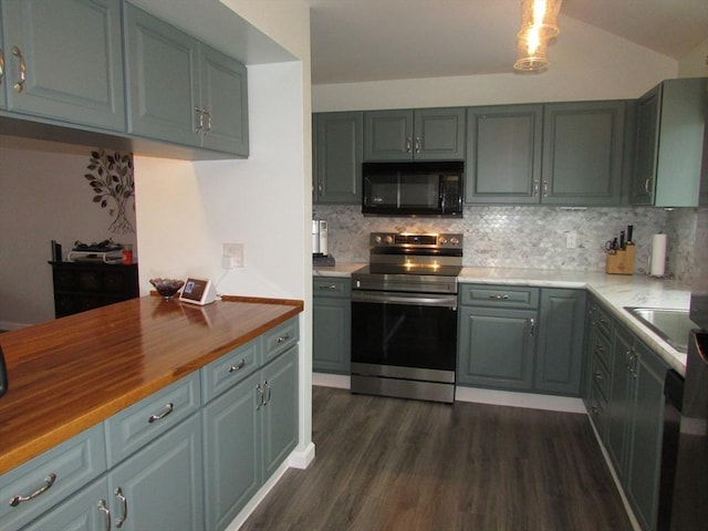 101 S Ave Unit 202, Attleboro, MA 02703 - kitchen with stainless steel range with electric stovetop, black microwave, decorative backsplash, butcher block countertops, and a sink