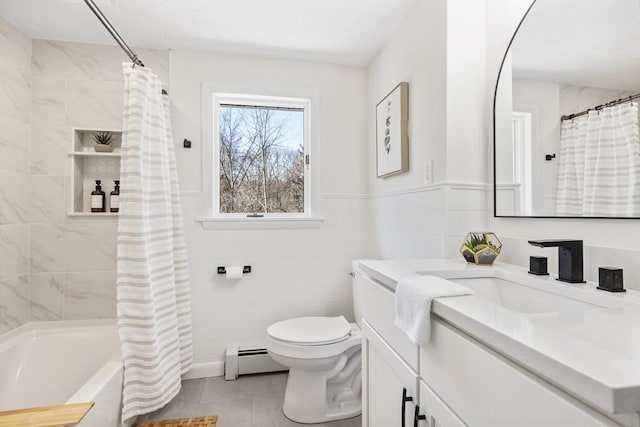 bathroom with toilet, vanity, tile walls, baseboard heating, and shower / bathtub combination with curtain