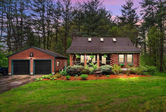 125 Blackstone St, Uxbridge, MA 01569 - cabin featuring a front yard, a garage, an outdoor structure, a chimney, and log exterior