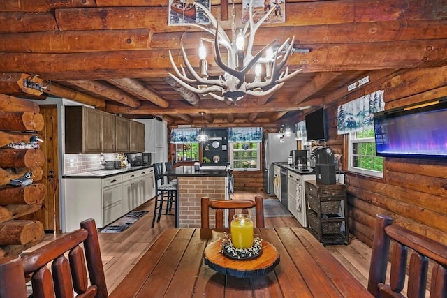 125 Blackstone St, Uxbridge, MA 01569 - kitchen featuring dark wood-style flooring, a chandelier, wooden ceiling, rustic walls, and appliances with stainless steel finishes
