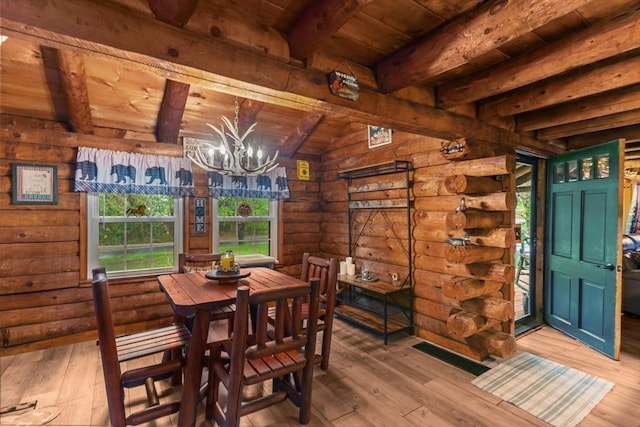 125 Blackstone St, Uxbridge, MA 01569 - dining area with wood ceiling, a chandelier, hardwood / wood-style floors, and rustic walls