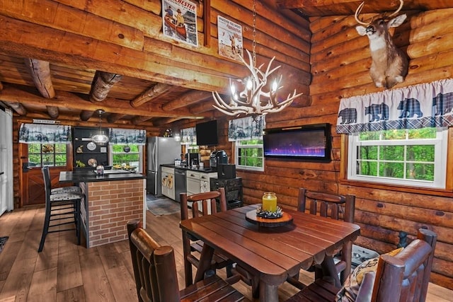 125 Blackstone St, Uxbridge, MA 01569 - dining room with wood ceiling, dark wood-style floors, beamed ceiling, plenty of natural light, and rustic walls