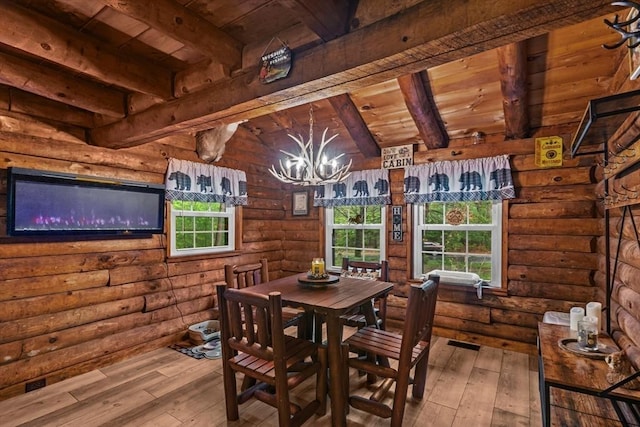 125 Blackstone St, Uxbridge, MA 01569 - dining room featuring wooden ceiling, rustic walls, wood-type flooring, and a chandelier