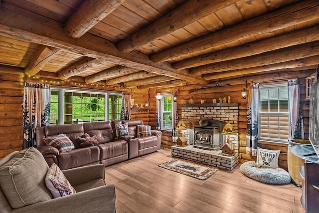 125 Blackstone St, Uxbridge, MA 01569 - living area with wood ceiling, a wood stove, log walls, beam ceiling, and wood-type flooring