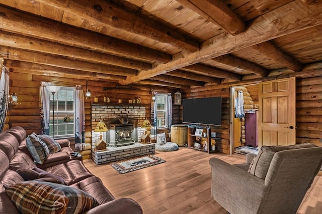 125 Blackstone St, Uxbridge, MA 01569 - living area featuring wood ceiling, beam ceiling, hardwood / wood-style flooring, and rustic walls