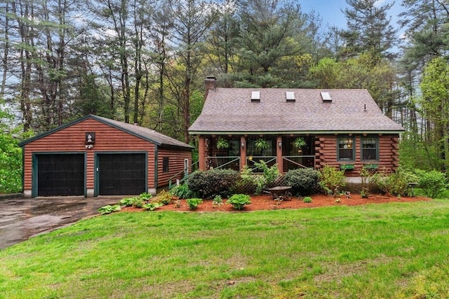 125 Blackstone St, Uxbridge, MA 01569 - log-style house with a chimney, a detached garage, an outdoor structure, log exterior, and a front lawn