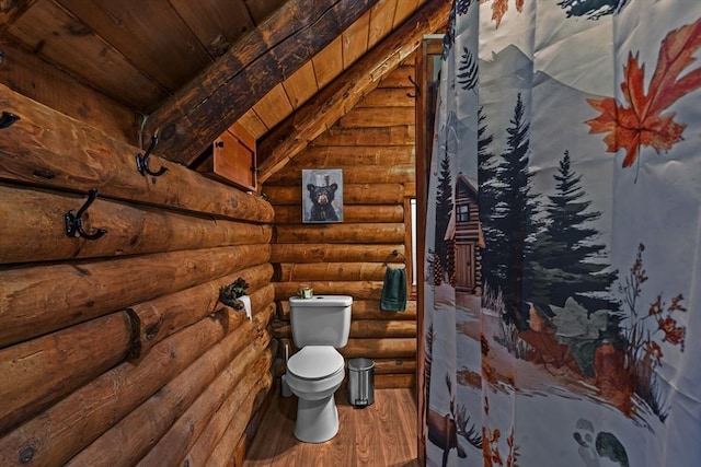 125 Blackstone St, Uxbridge, MA 01569 - bathroom featuring rustic walls, wood ceiling, toilet, and wood finished floors