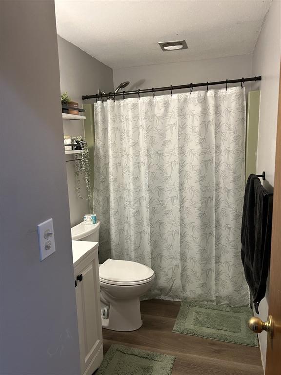 bathroom with vanity, a textured ceiling, hardwood / wood-style floors, toilet, and curtained shower