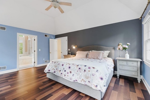 3 Anders Way, Acton, MA 01720 - bedroom featuring wood finished floors, high vaulted ceiling, baseboards, ensuite bath, and a ceiling fan