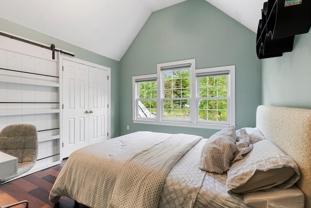 3 Anders Way, Acton, MA 01720 - bedroom featuring dark wood-style flooring, a barn door, high vaulted ceiling, and a closet
