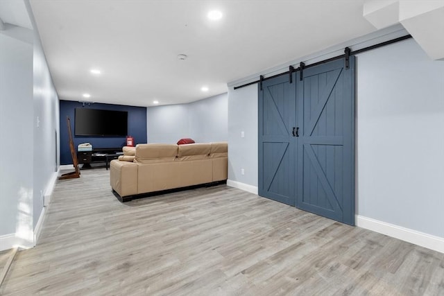 3 Anders Way, Acton, MA 01720 - living room with a barn door, baseboards, light wood-style floors, and recessed lighting