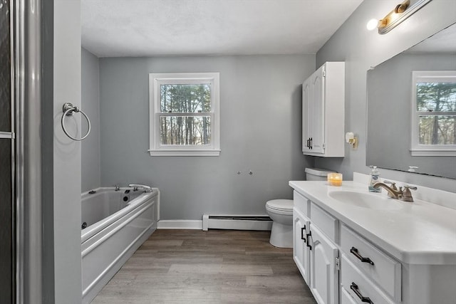 bathroom with vanity, baseboard heating, plenty of natural light, and a bath