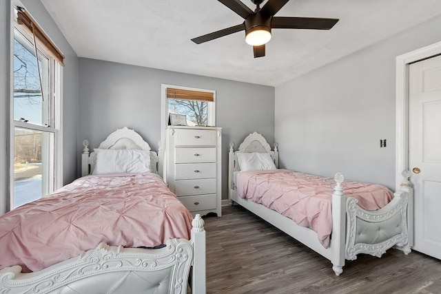 bedroom with ceiling fan and dark hardwood / wood-style floors