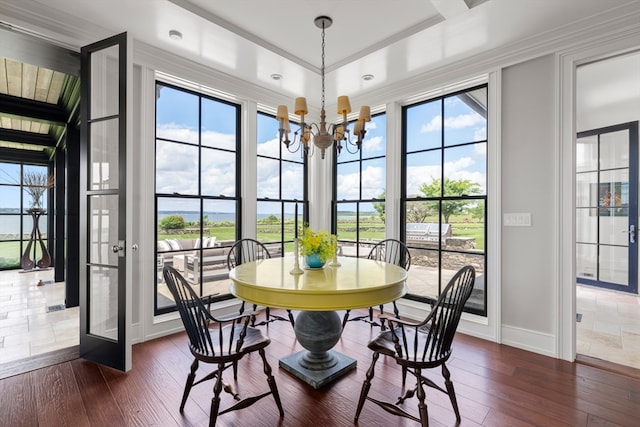 dining space featuring ornamental molding, a wealth of natural light, an inviting chandelier, and dark hardwood / wood-style floors