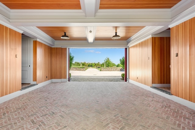 garage with wood walls and wooden ceiling