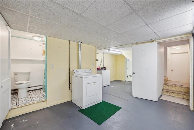 7 Wilbur Ct, Saugus, MA 01906 - finished basement featuring washer / clothes dryer, a baseboard radiator, a paneled ceiling, and stairway