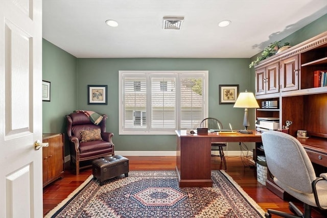 home office with wood finished floors, recessed lighting, and baseboards