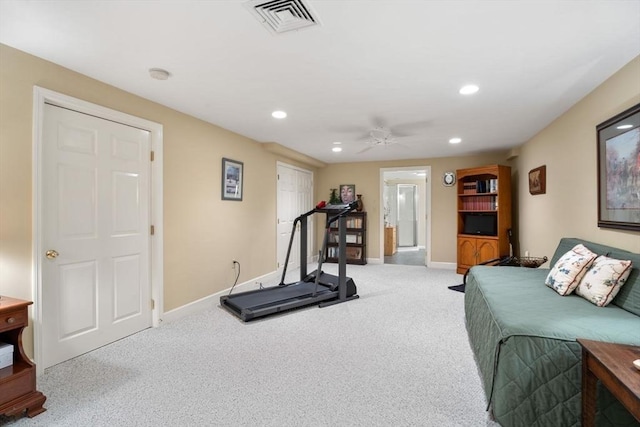 workout room with carpet floors, recessed lighting, baseboards, and a ceiling fan