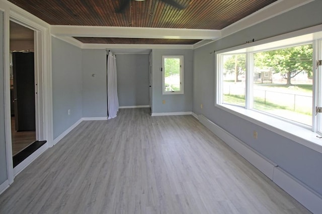 1 Stratford Rd, Holyoke, MA 01040 - empty room with light wood-style flooring, baseboards, wooden ceiling, and a baseboard heating unit