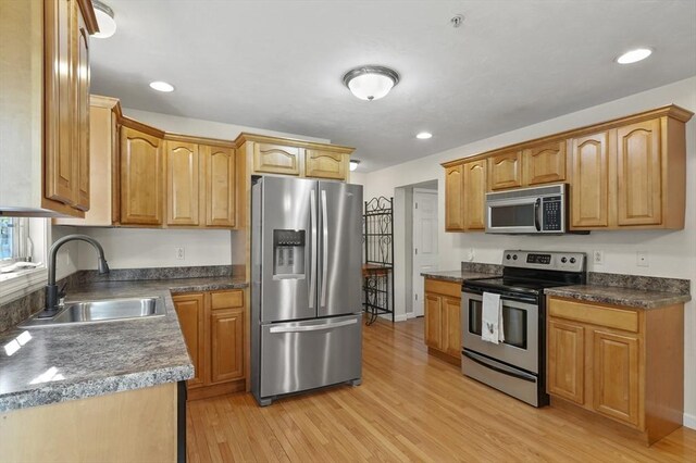 kitchen with a sink, appliances with stainless steel finishes, baseboards, dark countertops, and light wood-style floors