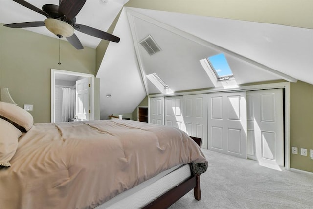43 Endicott St Unit 43, Salem, MA 01970 - bedroom featuring a skylight, vaulted ceiling, carpet, and ceiling fan