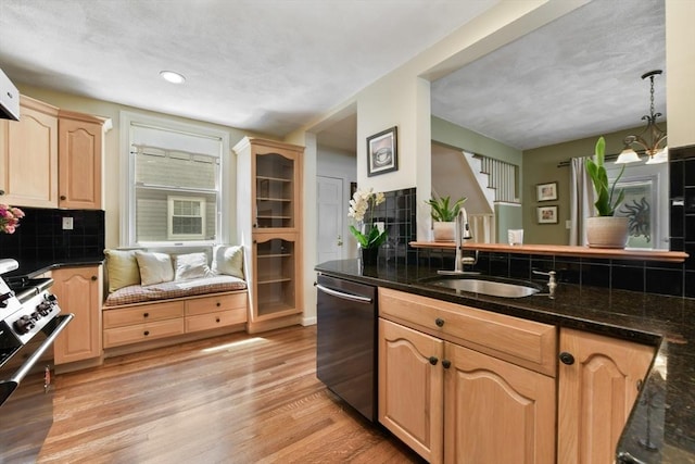 43 Endicott St Unit 43, Salem, MA 01970 - kitchen featuring dishwasher, light brown cabinets, stainless steel gas stove, decorative backsplash, and recessed lighting
