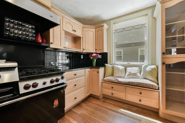 43 Endicott St Unit 43, Salem, MA 01970 - kitchen featuring stainless steel gas range, light brown cabinets, open shelves, tasteful backsplash, and light wood-style floors