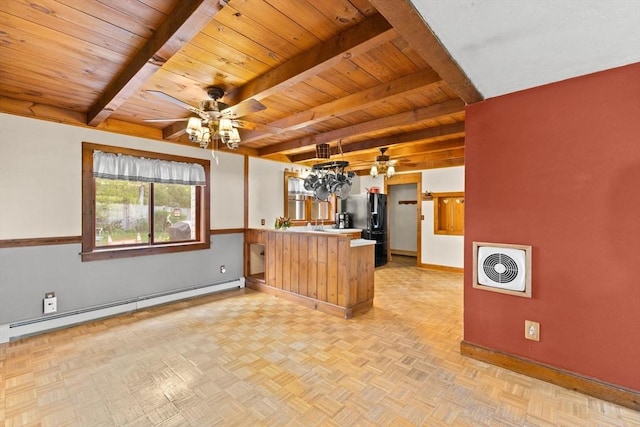 111 Esta Rd, Plymouth, MA 02360 - kitchen with a baseboard radiator, a ceiling fan, wood ceiling, baseboards, and a peninsula