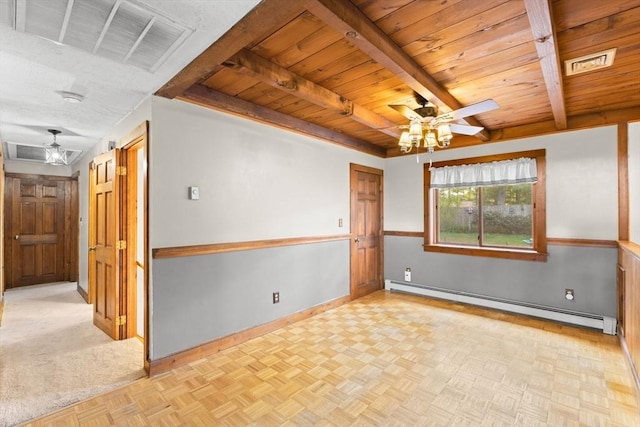 111 Esta Rd, Plymouth, MA 02360 - empty room featuring a ceiling fan, a baseboard heating unit, wood ceiling, beam ceiling, and baseboards