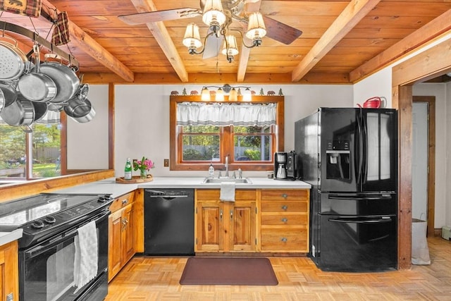 111 Esta Rd, Plymouth, MA 02360 - kitchen featuring black appliances, a sink, wooden ceiling, beamed ceiling, and plenty of natural light