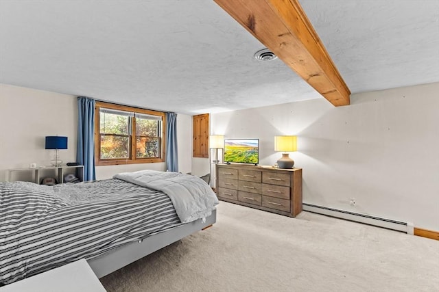 111 Esta Rd, Plymouth, MA 02360 - bedroom featuring a baseboard heating unit, carpet flooring, beam ceiling, and a textured ceiling