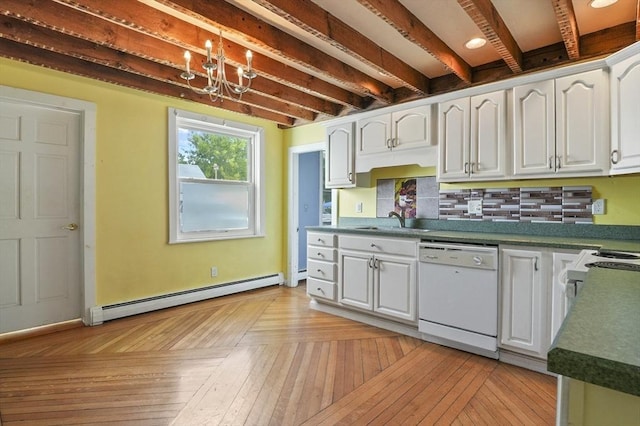 270 Main St, Oxford, MA 01540 - kitchen featuring white dishwasher, baseboard heating, a sink, white cabinetry, and tasteful backsplash