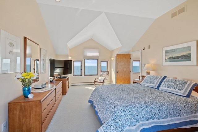 bedroom with light colored carpet, visible vents, and lofted ceiling