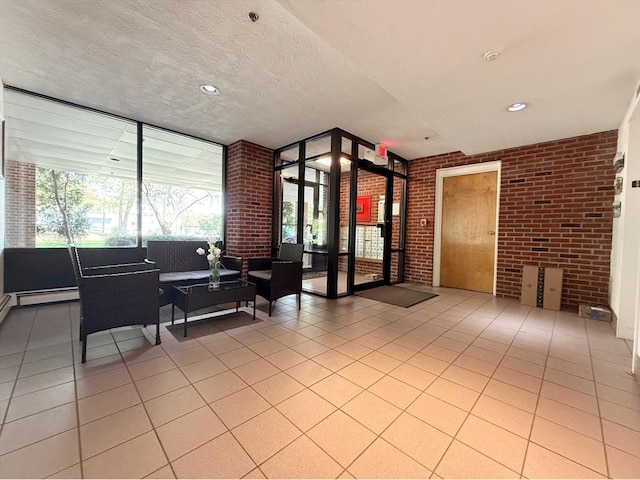 building lobby featuring brick wall