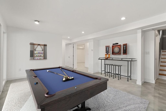 recreation room with finished concrete floors, recessed lighting, billiards, and baseboards