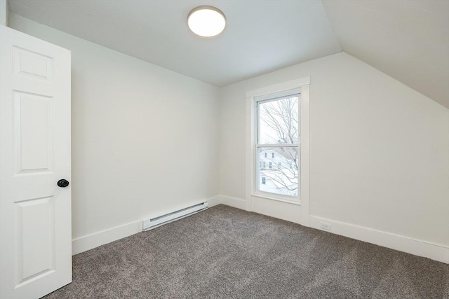 bonus room with lofted ceiling, dark carpet, and a baseboard heating unit